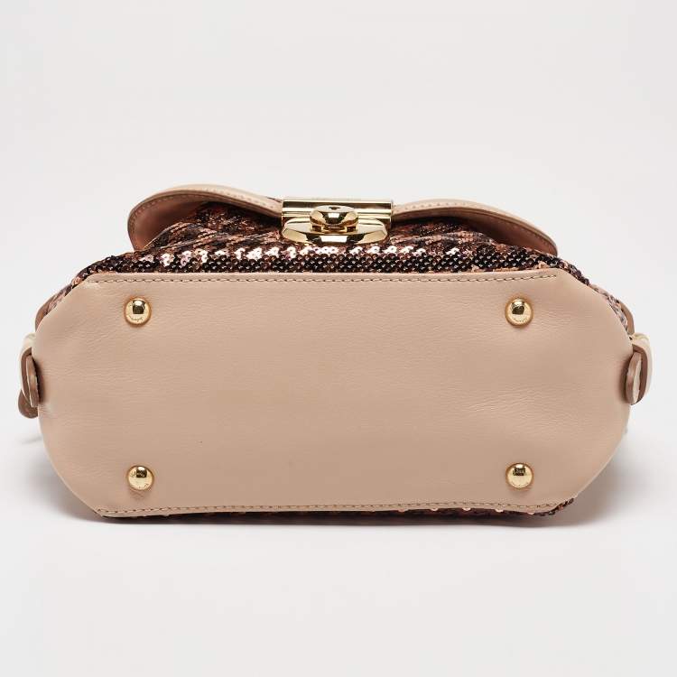 Pre Owned Salvatore Ferragamo Metallic Rose Gold/Pink Sequin and Leather Fiamma Satchel