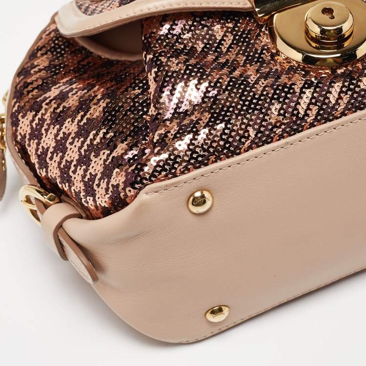 Pre Owned Salvatore Ferragamo Metallic Rose Gold/Pink Sequin and Leather Fiamma Satchel