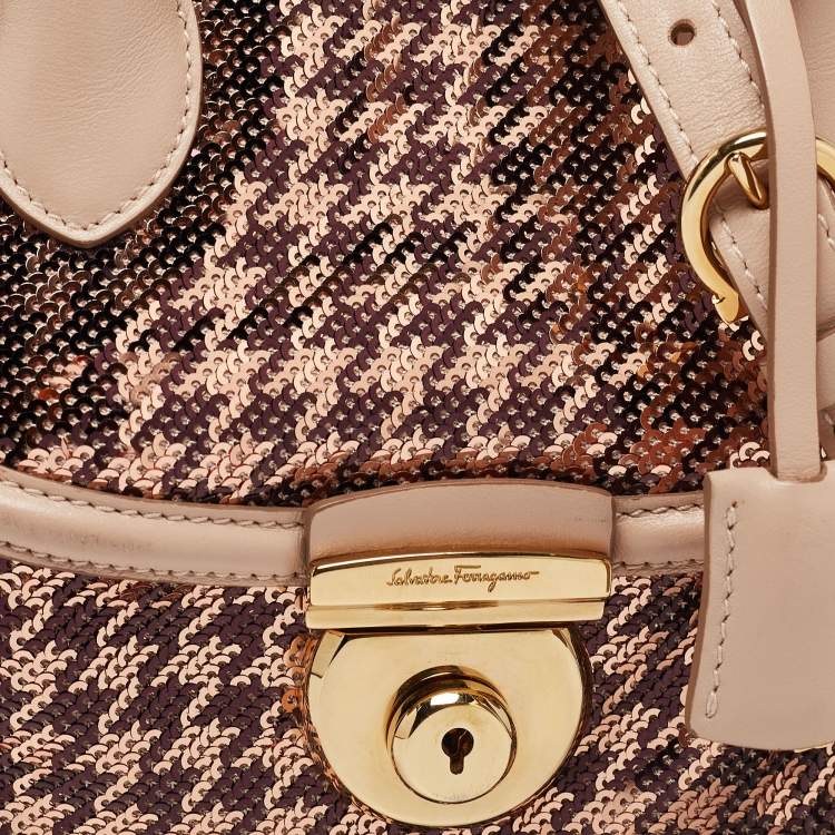 Pre Owned Salvatore Ferragamo Metallic Rose Gold/Pink Sequin and Leather Fiamma Satchel