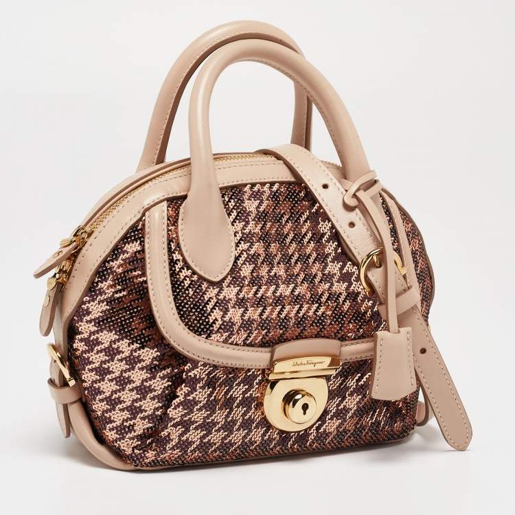 Pre Owned Salvatore Ferragamo Metallic Rose Gold/Pink Sequin and Leather Fiamma Satchel
