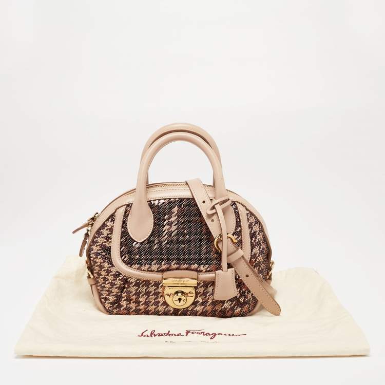 Pre Owned Salvatore Ferragamo Metallic Rose Gold/Pink Sequin and Leather Fiamma Satchel