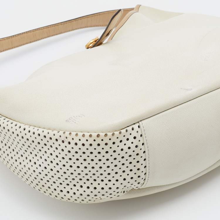 Pre Owned Salvatore Ferragamo Beige/Off White Leather Perforated Hobo