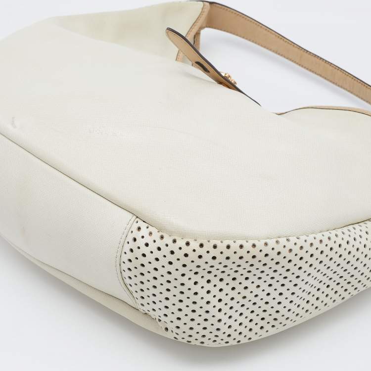 Pre Owned Salvatore Ferragamo Beige/Off White Leather Perforated Hobo