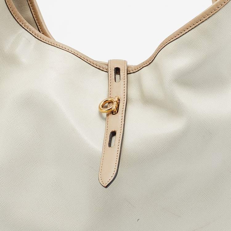 Pre Owned Salvatore Ferragamo Beige/Off White Leather Perforated Hobo