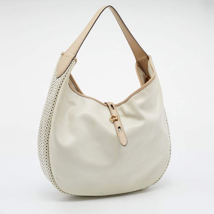 Pre Owned Salvatore Ferragamo Beige/Off White Leather Perforated Hobo