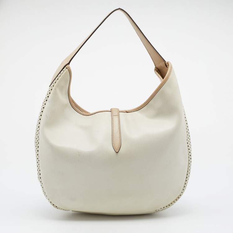 Pre Owned Salvatore Ferragamo Beige/Off White Leather Perforated Hobo