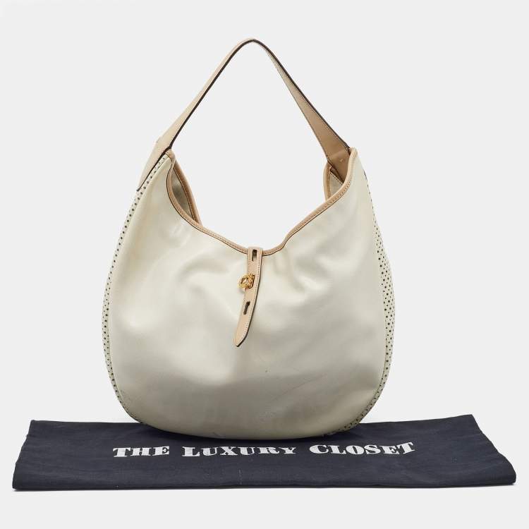 Pre Owned Salvatore Ferragamo Beige/Off White Leather Perforated Hobo