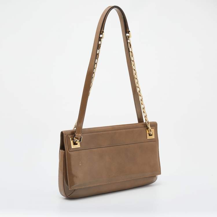 Pre Owned Salvatore Ferragamo Dark Beige Patent Leather Link Chain Shoulder Bag