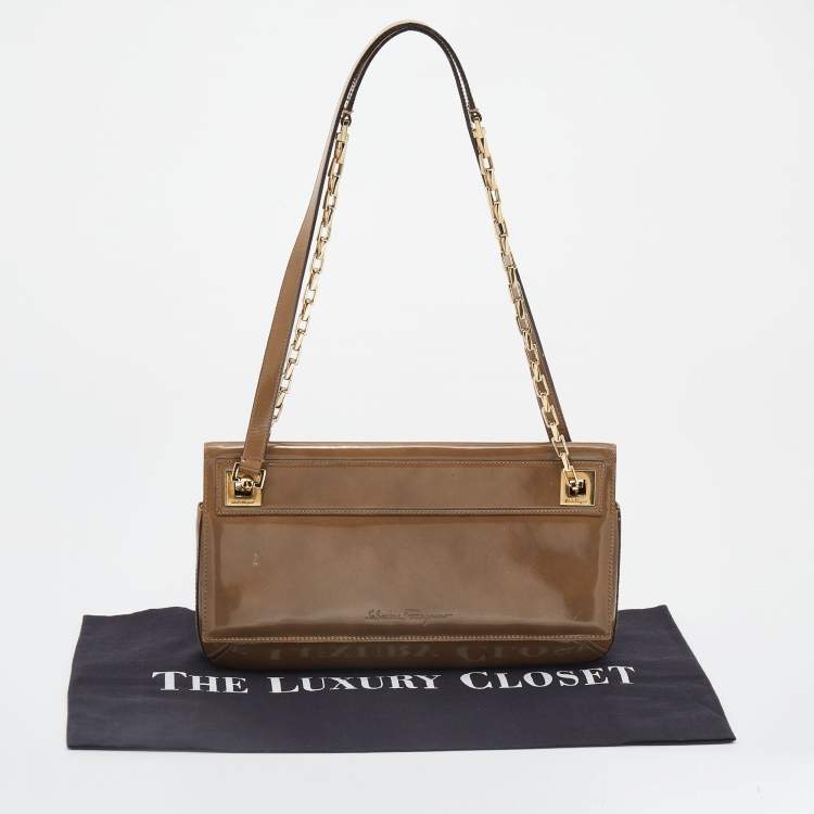 Pre Owned Salvatore Ferragamo Dark Beige Patent Leather Link Chain Shoulder Bag