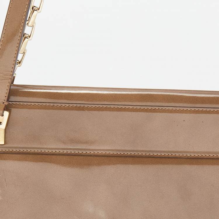 Pre Owned Salvatore Ferragamo Dark Beige Patent Leather Link Chain Shoulder Bag