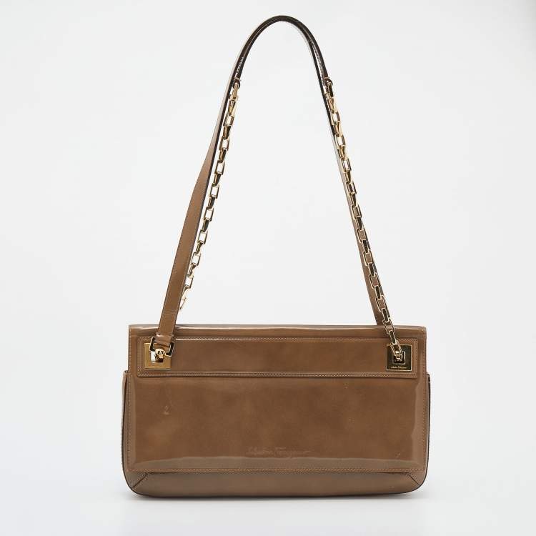 Pre Owned Salvatore Ferragamo Dark Beige Patent Leather Link Chain Shoulder Bag