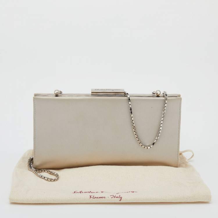Pre Owned Salvatore Ferragamo Silver Satin Chain Clutch