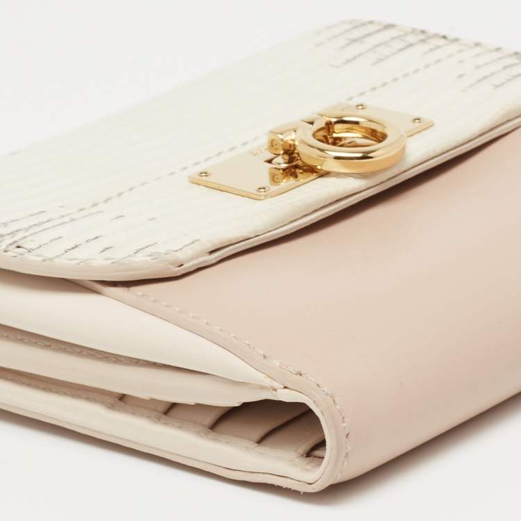 Pre Owned Salvatore Ferragamo Beige Leather and Roccia Lizard Compact Wallet