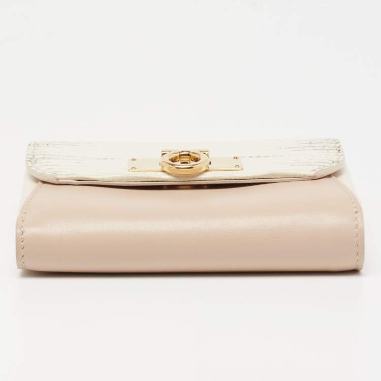 Pre Owned Salvatore Ferragamo Beige Leather and Roccia Lizard Compact Wallet