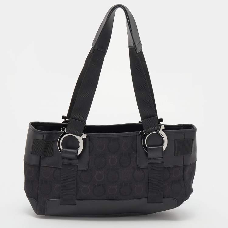 Pre Owned Salvatore Ferragamo Back Gancini Canvas and Leather Tote