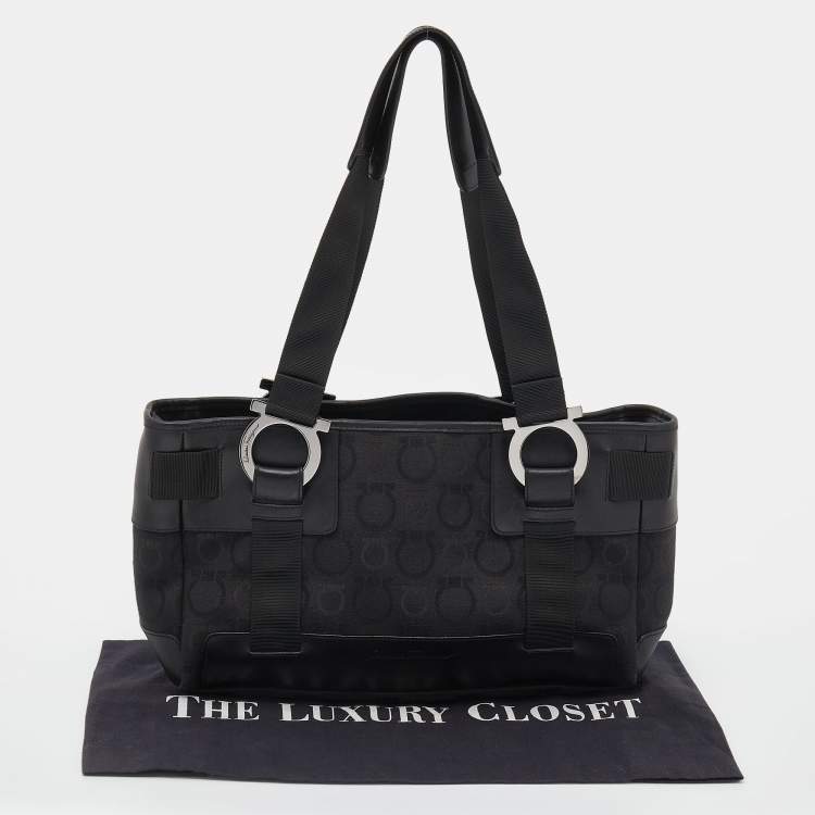 Pre Owned Salvatore Ferragamo Back Gancini Canvas and Leather Tote