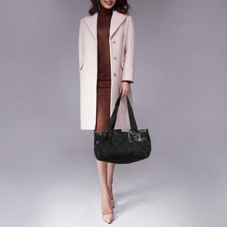 Pre Owned Salvatore Ferragamo Back Gancini Canvas and Leather Tote