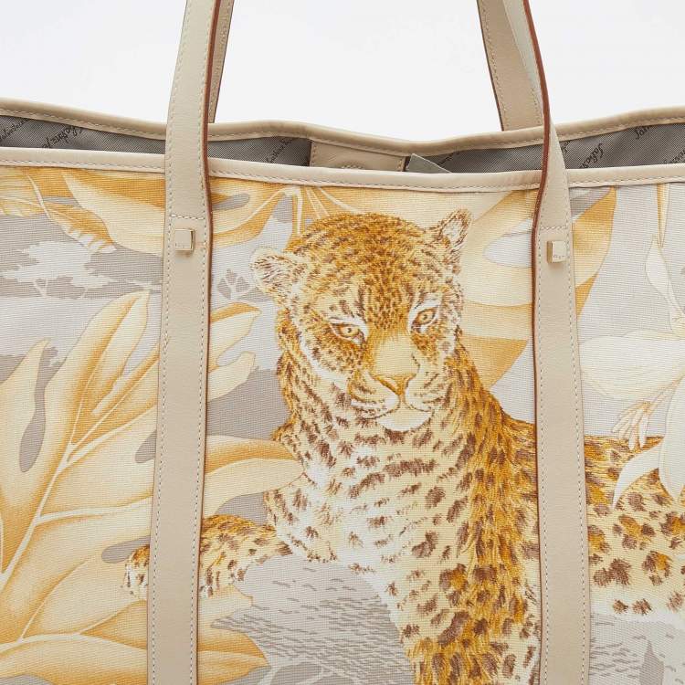 Pre Owned Salvatore Ferragamo Multicolor Jungle Print Canvas and Leather Tote