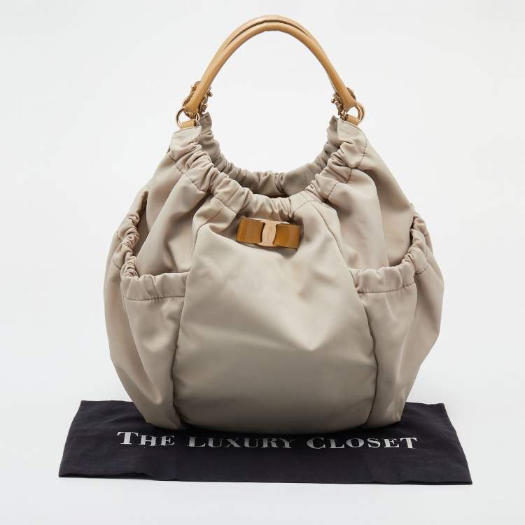 Pre Owned Salvatore Ferragamo Beige Nylon and Patent Leather Hobo