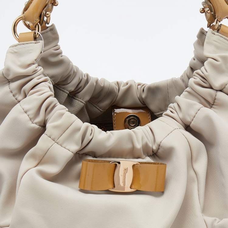 Pre Owned Salvatore Ferragamo Beige Nylon and Patent Leather Hobo