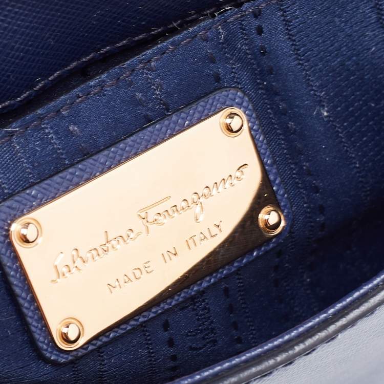 Pre Owned Salvatore Ferragamo Navy Blue Saffiano Leather Gancini Icona Vit Paris Crossbody Bag