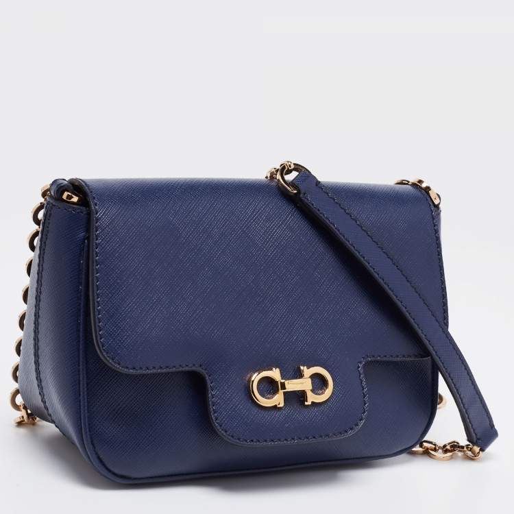Pre Owned Salvatore Ferragamo Navy Blue Saffiano Leather Gancini Icona Vit Paris Crossbody Bag