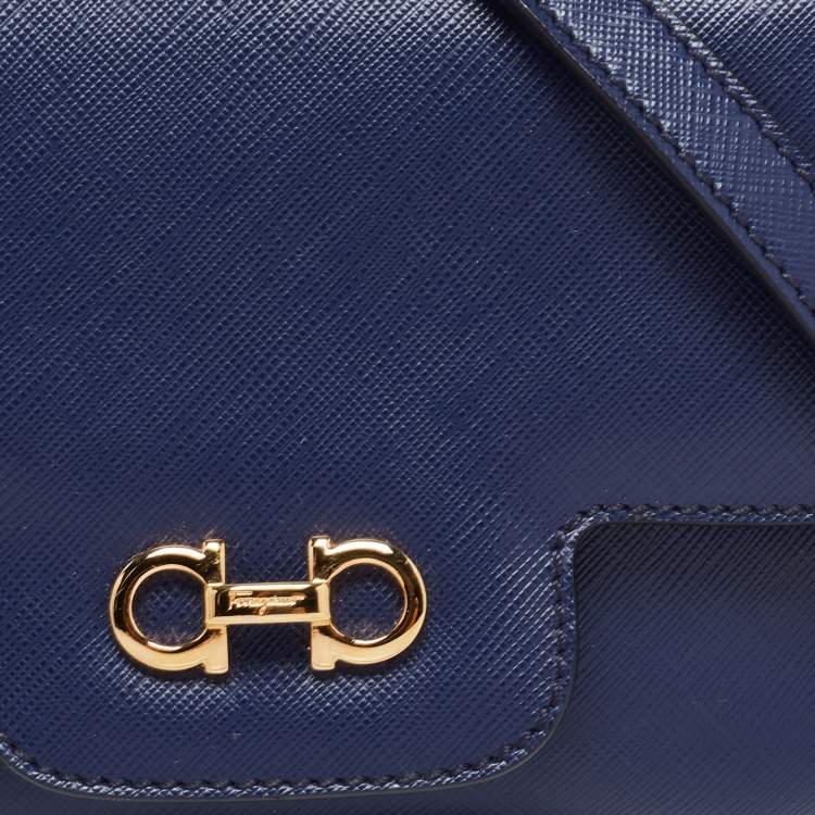Pre Owned Salvatore Ferragamo Navy Blue Saffiano Leather Gancini Icona Vit Paris Crossbody Bag