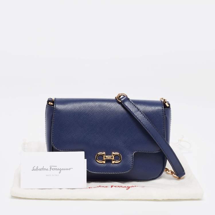 Pre Owned Salvatore Ferragamo Navy Blue Saffiano Leather Gancini Icona Vit Paris Crossbody Bag