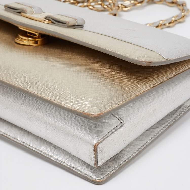 Pre Owned Salvatore Ferragamo Metallic Silver/Gold Leather Vara Bow Shoulder Bag