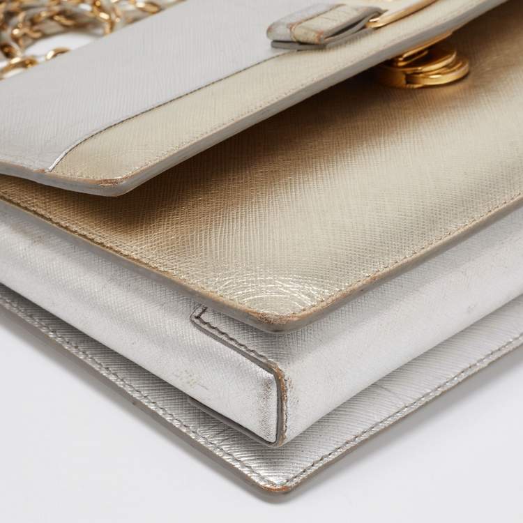 Pre Owned Salvatore Ferragamo Metallic Silver/Gold Leather Vara Bow Shoulder Bag