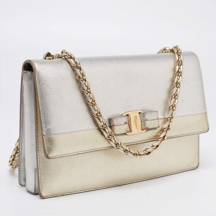 Pre Owned Salvatore Ferragamo Metallic Silver/Gold Leather Vara Bow Shoulder Bag