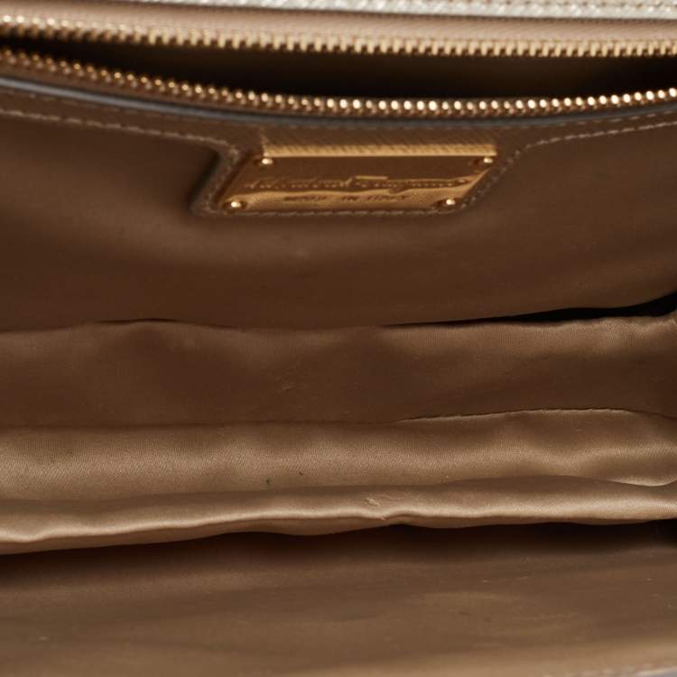 Pre Owned Salvatore Ferragamo Metallic Silver/Gold Leather Vara Bow Shoulder Bag