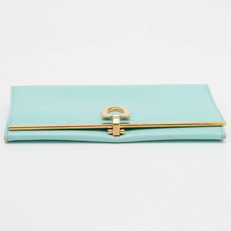 Pre Owned Salvatore Ferragamo Aqua Green Leather Gancini Icona Continental Wallet