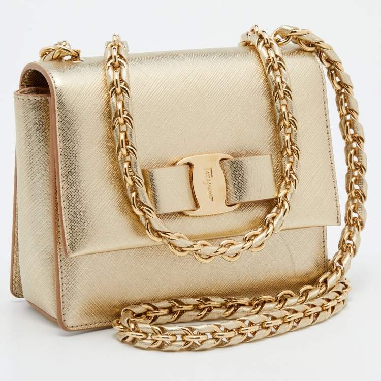 Pre Owned Salvatore Ferragamo Gold Leather Mini Ginny Crossbody Bag