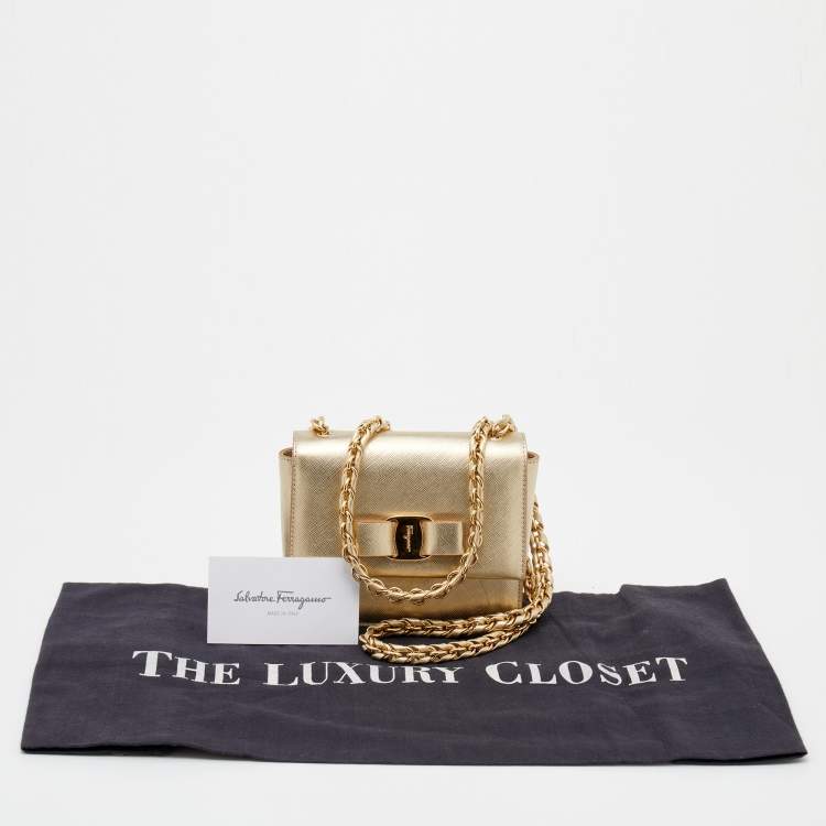 Pre Owned Salvatore Ferragamo Gold Leather Mini Ginny Crossbody Bag