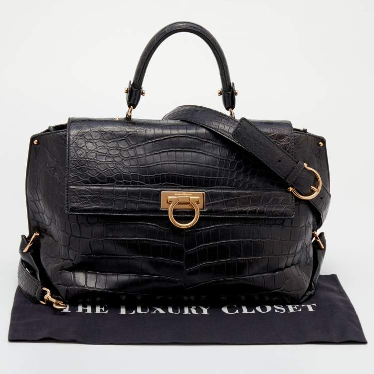 Pre Owned Salvatore Ferragamo Black Crocodile Leather Sofia Top Handle Bag