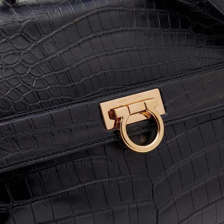 Pre Owned Salvatore Ferragamo Black Crocodile Leather Sofia Top Handle Bag