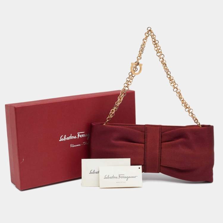 Pre Owned Salvatore Ferragamo Burgundy Satin Knot Chain Clutch