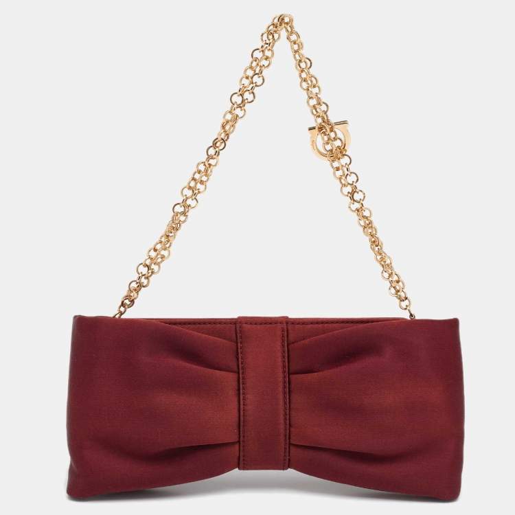 Pre Owned Salvatore Ferragamo Burgundy Satin Knot Chain Clutch