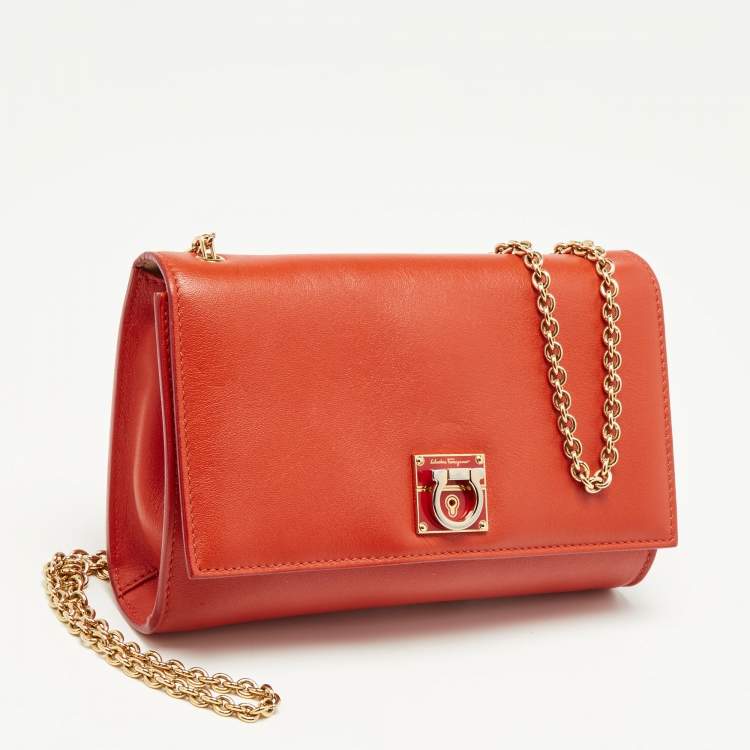 Pre Owned Salvatore Ferragamo Orange Gancini Flap Shoulder Bag