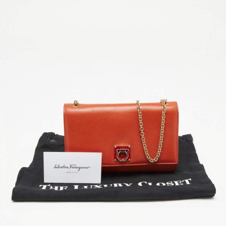 Pre Owned Salvatore Ferragamo Orange Gancini Flap Shoulder Bag