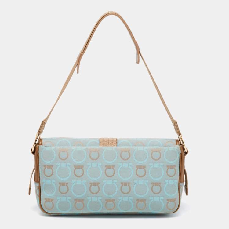 Pre Owned Salvatore Ferragamo Light Blue/Beige Canvas And Leather Gancini Shoulder Bag