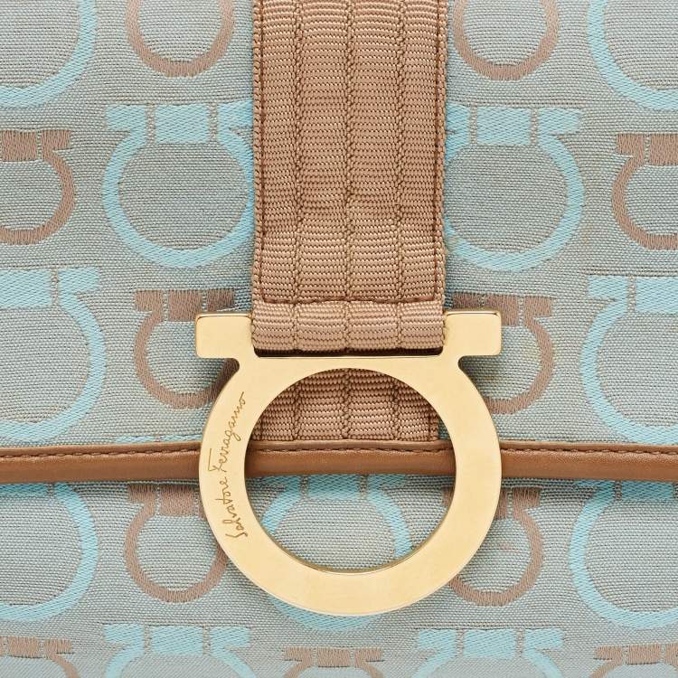 Pre Owned Salvatore Ferragamo Light Blue/Beige Canvas And Leather Gancini Shoulder Bag