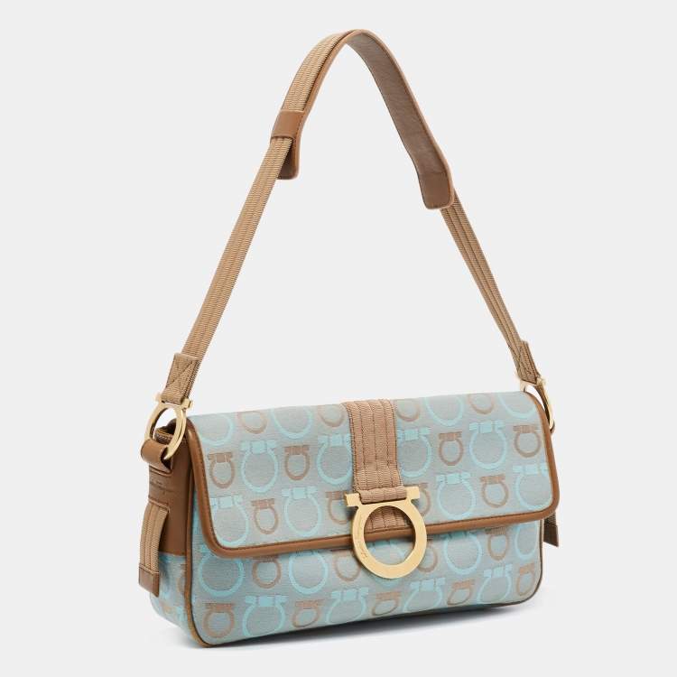 Pre Owned Salvatore Ferragamo Light Blue/Beige Canvas And Leather Gancini Shoulder Bag