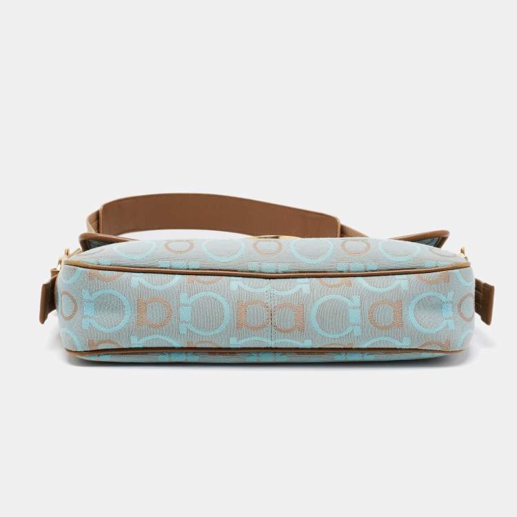 Pre Owned Salvatore Ferragamo Light Blue/Beige Canvas And Leather Gancini Shoulder Bag