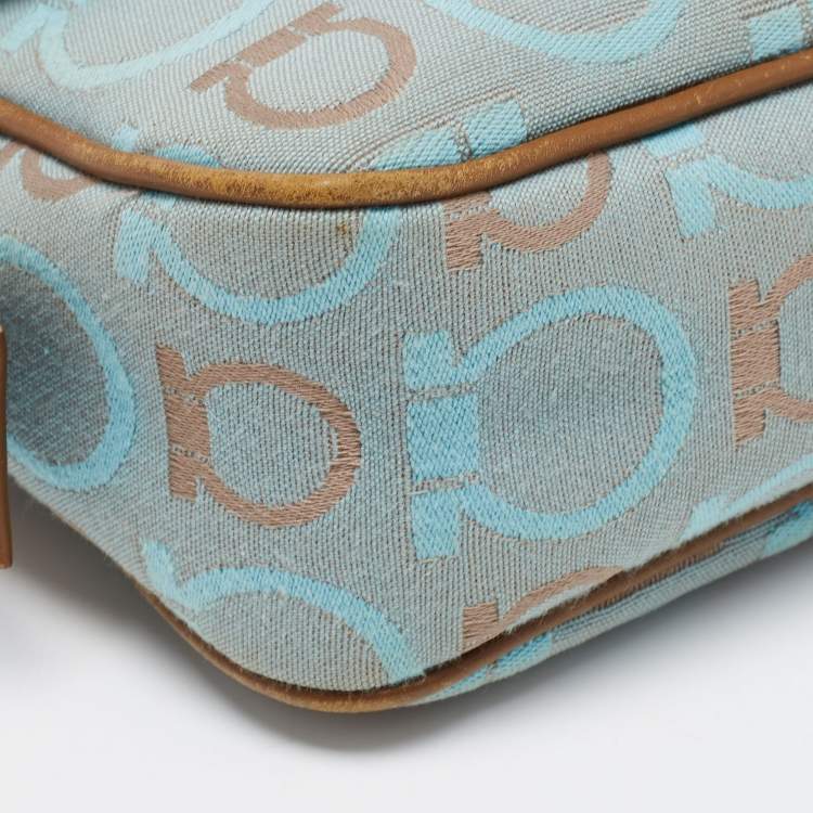 Pre Owned Salvatore Ferragamo Light Blue/Beige Canvas And Leather Gancini Shoulder Bag
