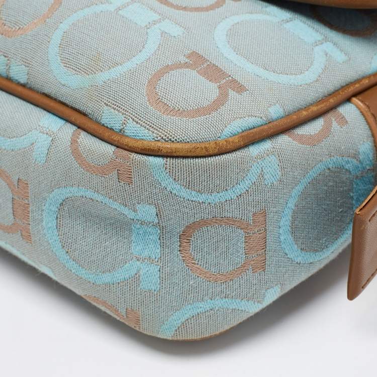 Pre Owned Salvatore Ferragamo Light Blue/Beige Canvas And Leather Gancini Shoulder Bag