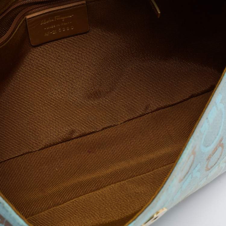 Pre Owned Salvatore Ferragamo Light Blue/Beige Canvas And Leather Gancini Shoulder Bag