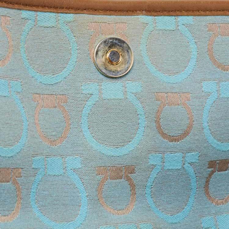 Pre Owned Salvatore Ferragamo Light Blue/Beige Canvas And Leather Gancini Shoulder Bag