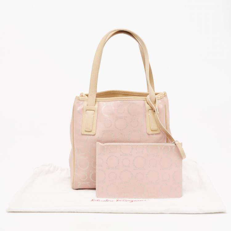 Pre Owned Salvatore Ferragamo Pink/Beige Signature Coated Canvas and Leather Tote